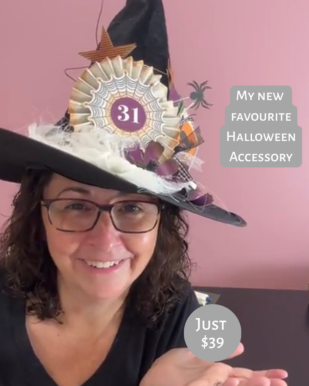 Tanya wearing the finished Witchy Whimsy Hat from Stampin' Up!