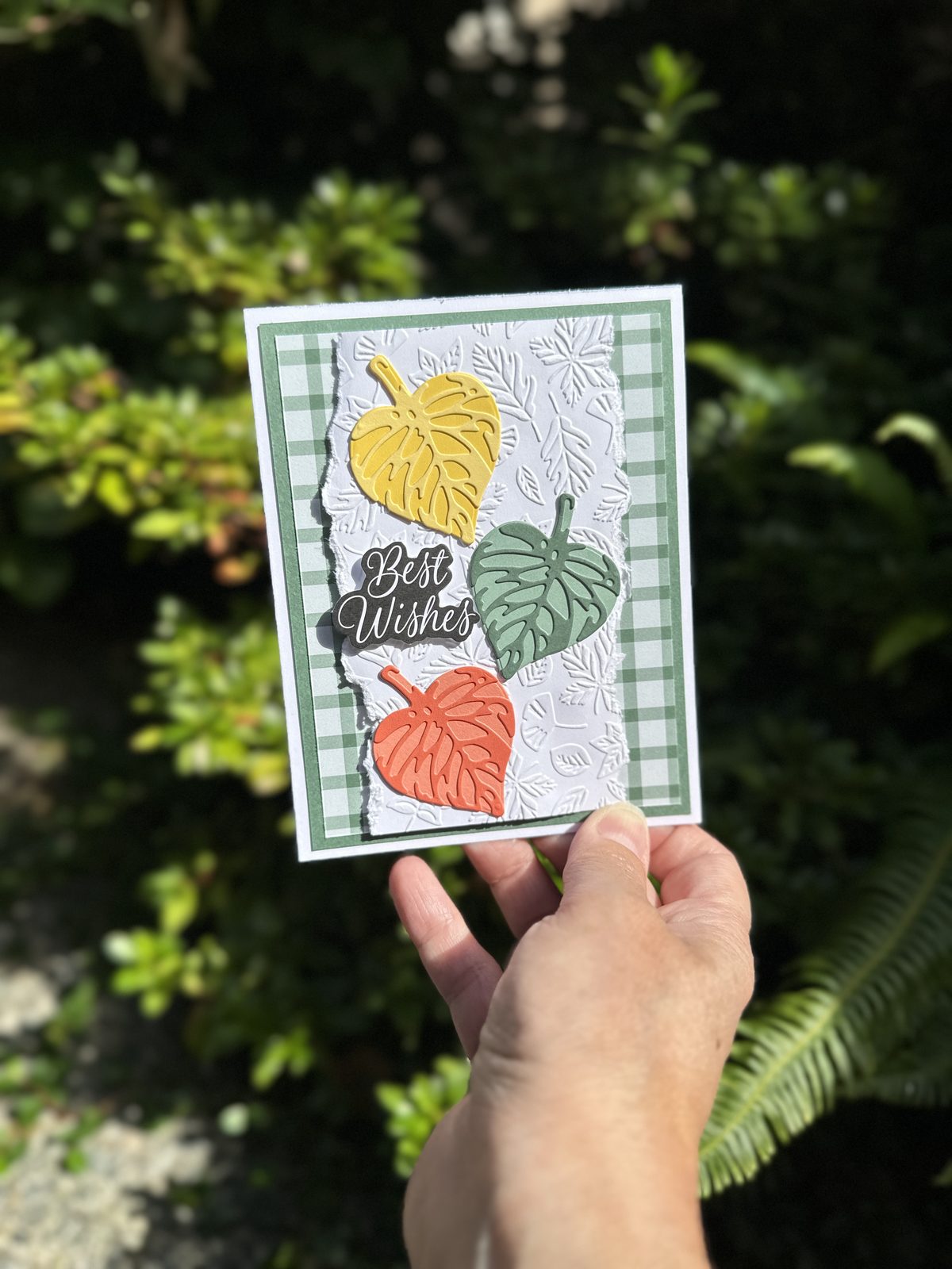Handmade Best Wishes card with three heart-shaped Elegant Leaves die cuts on an embossed white panel