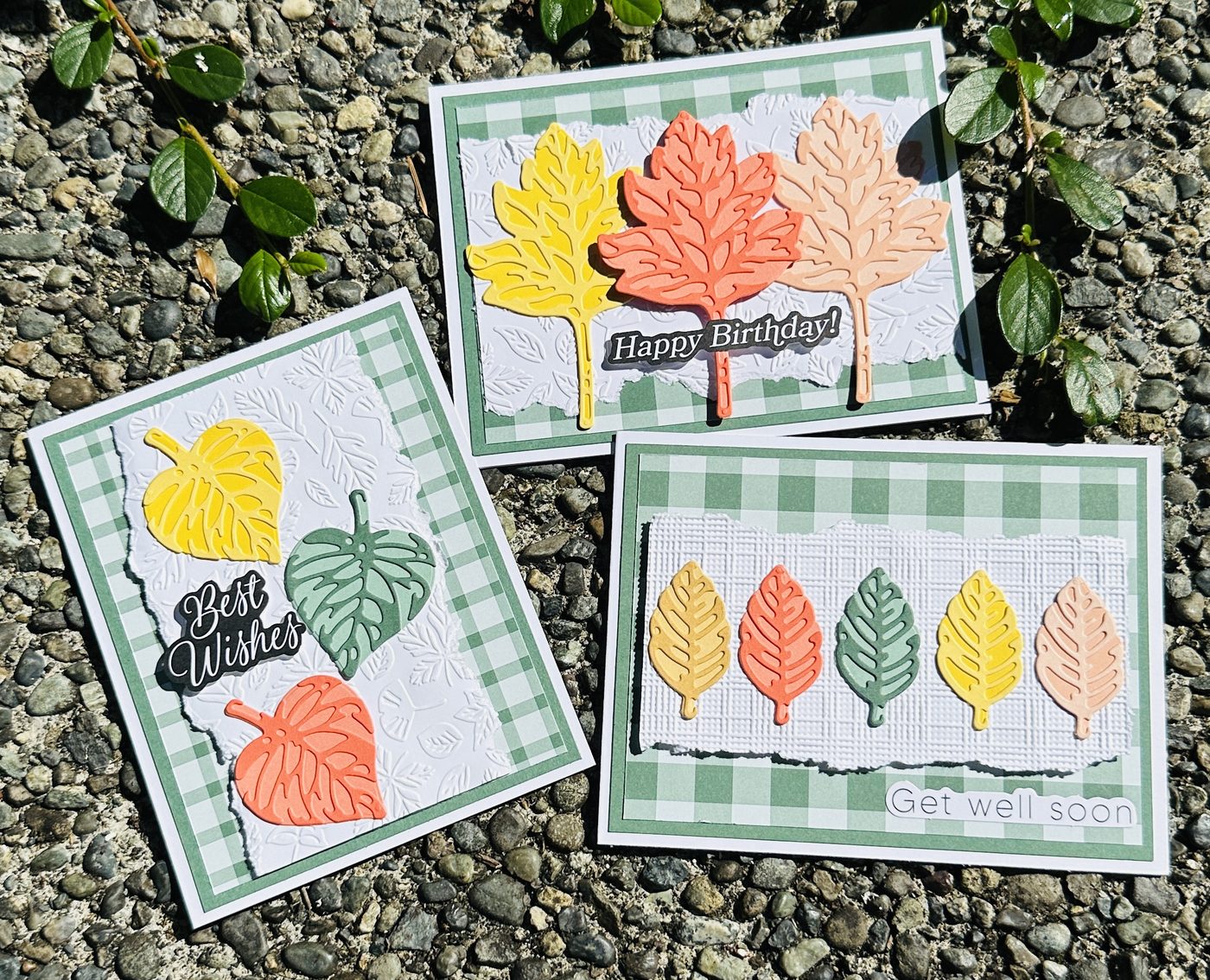Three handmade fall cards made with the Elegant Leaves Bundle: Happy Birthday, Best Wishes and Get Well Soon