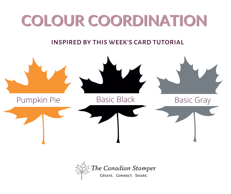 Colour coordination graphic with three maple leaves in Pumpkin Pie, Basic Black and Basic Gray for the Halloween treat holder